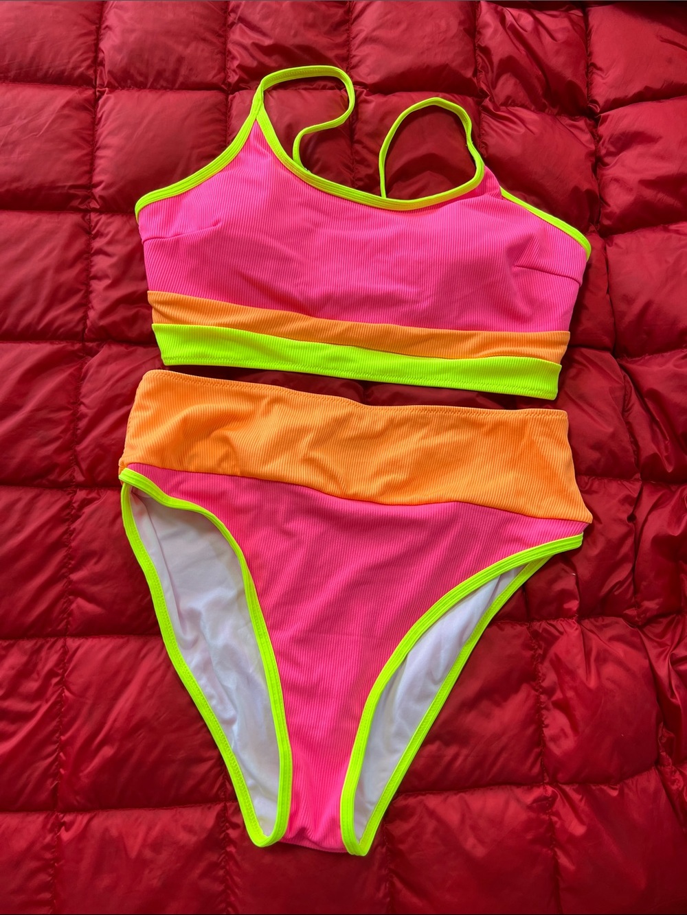 Women’s Neon Pink & Orange Two-Piece Swimsuit with Lime Trim